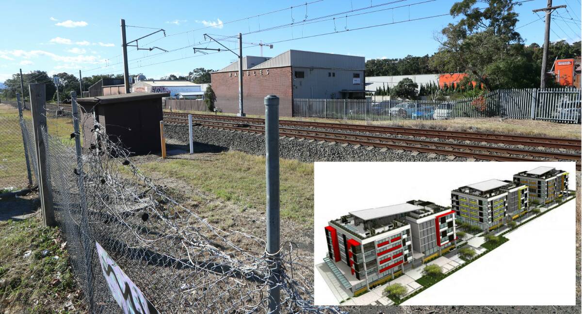 Rail outlook: The apartment blocks would be wedged between an soon-to-expand Kennards Storage, the rail line and across the road from Bunnings. Picture: Sylvia Liber. Inset: An artist's impression of the development.