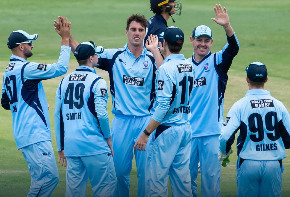 Matthew Gilkes (99) and his Blues teammates celebrate a wicket earlier this season. Photo: Cricket NSW