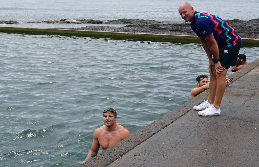 Warriors' Jack Murchie and Mark Andrews during Wednesday morning's pool session. Photo: Kiama Municipal Council