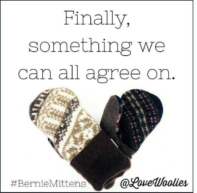 Copies of the thick woollen mittens worn by popular Senator Bernie Sanders have become hot property in the USA. Picture: LoveWoolies, Uta, USA, Facebook. 