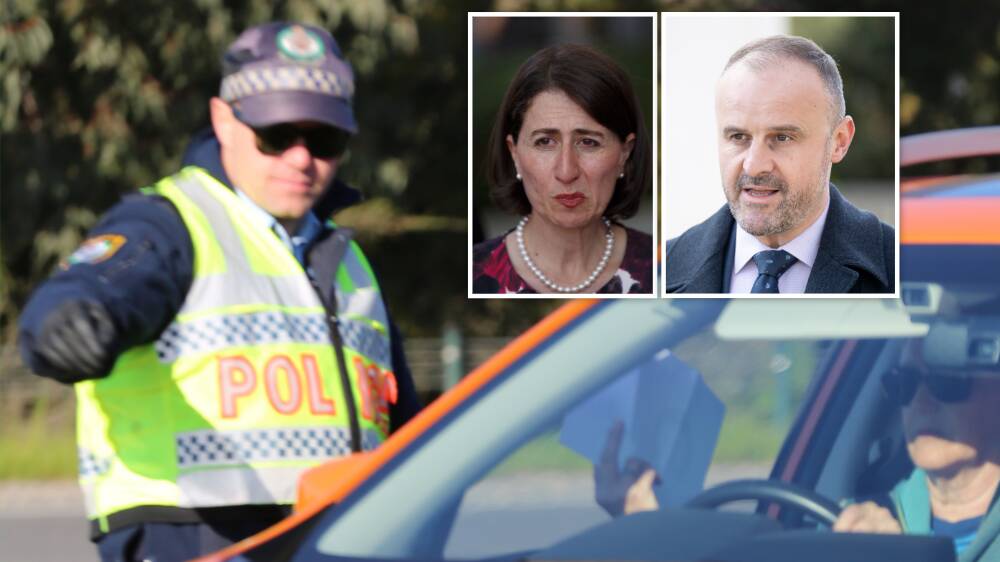 A NSW police officer at the Victorian border. Insets, Gladys Berejiklian and Andrew Barr.