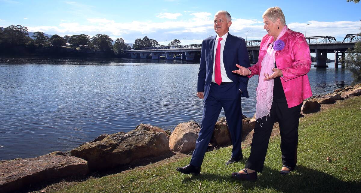 LOCKSTEP: The Prime Minister Malcolm Turnbull and Gilmore MP Ann Sudmalis during his visit to Nowra on May 3. Picture: Robert Peet 