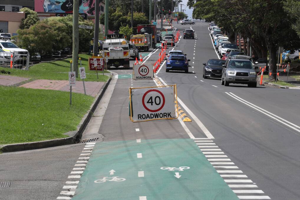 Changes: Dividing strips to separate cyclists and motorists have been installed along Smith Street this week. Picture: Robert Peet