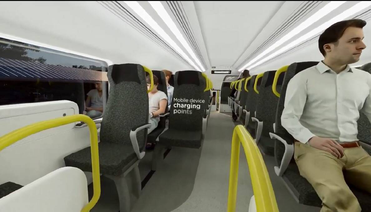 Seats: A video still showing the seating configuration of the New Intercity Fleet, which replaces the Oscars' two-by-three seats with two-by-two. Pictures: Transport for NSW