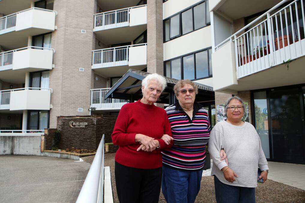 Blue Haven residents Margaret Dewhirst, Marjorie Bugby and Elizabeth Mion were not happy to hear of Kiama Council's plan to sell off the business. Picture: Sylvia Liber