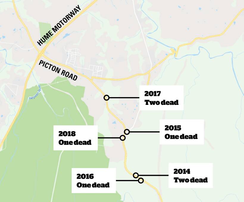 The locations of fatal accidents along Picton Road, around the MacArthur Drive intersection.