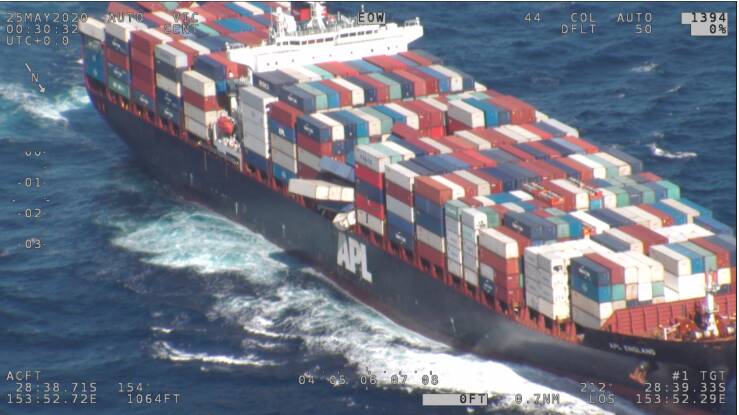 Overboard: An aerial shot of the APL England, which lost a number of shipping containers off the Illawarra coast on Sunday. Picture: Australian Maritime Safety Authority