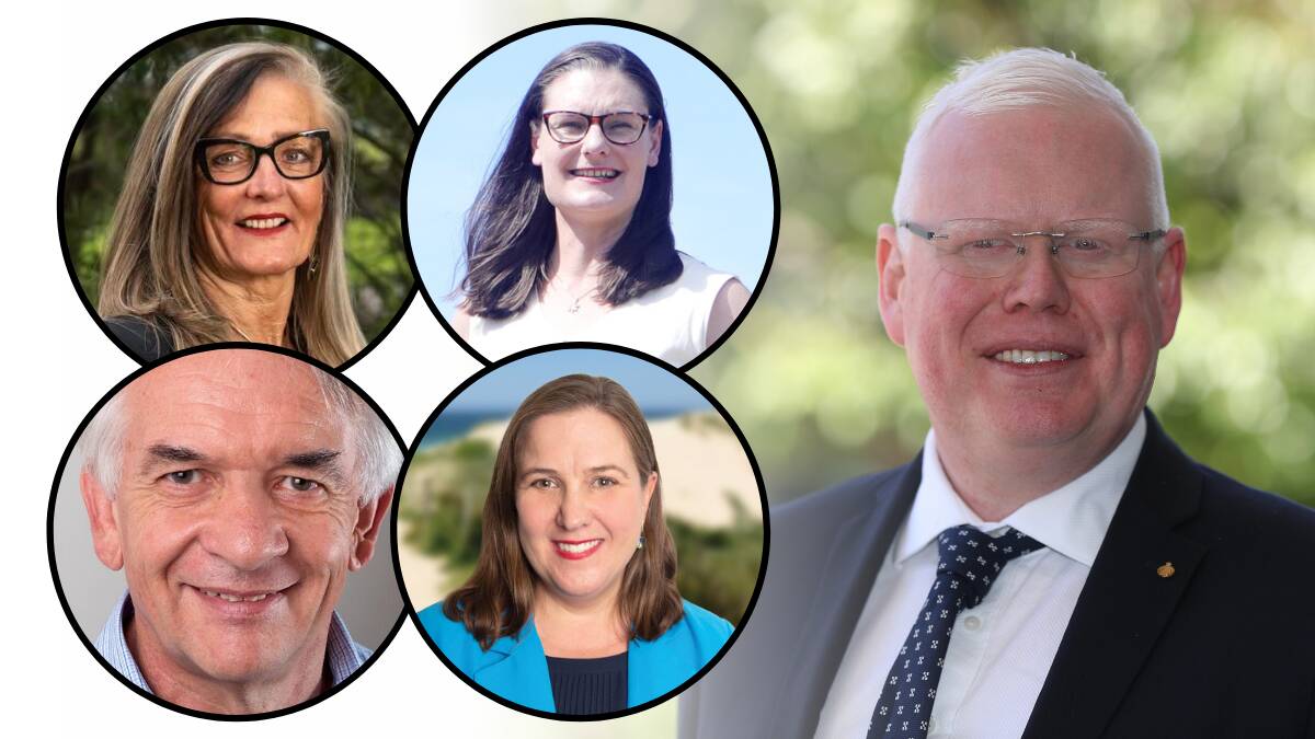 Independent Gareth Ward is the incumbent in Kiama, facing rivals (clockwise from top left) Tonia Gray, Katelin McInerney, Melanie Gibbons and John Gill.