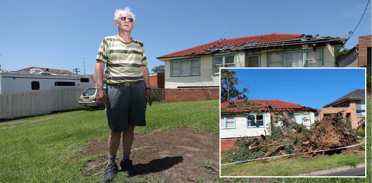 Fight: Kanahooka's Robert McCann outside his home, which was damaged by a falling tree in August last year (inset). Picture: Adam McLean