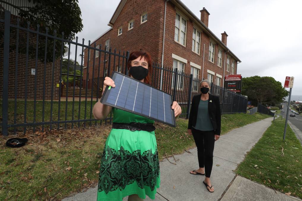Bright: Greens Wollongong councillor Mithra Cox with candidate Jess Whittaker - the Greens want council to take part in a schools solar power initiative. Picture: Robert Peet