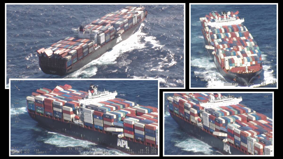 Sinking: Images of the APL England showing containers listing and hanging over the edge. The ship lost at least 40 containers overboard in waters off the Illawarra coast. Picture: Australian Maritime Safety Authority