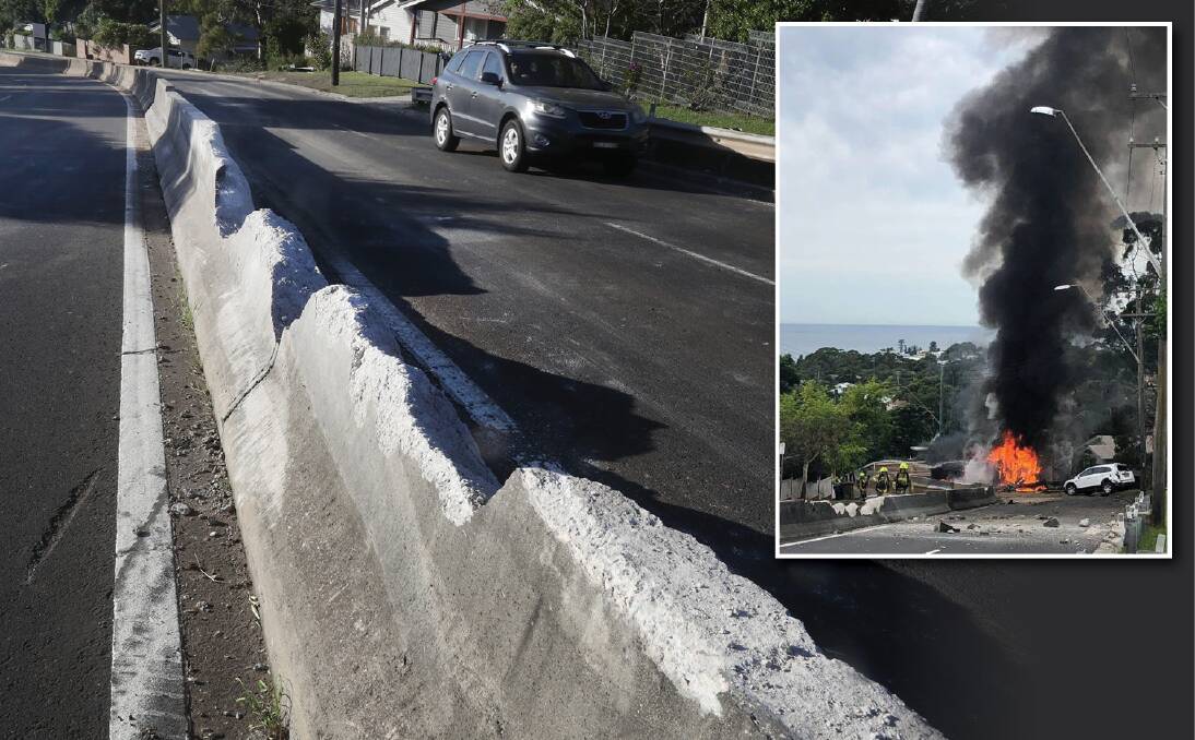 Destruction: The deep gouges in the Bulli Pass concrete barrier left from a truck that flipped over it and then burst into flames (inset). Pictures: Robert Peet and (inset) Anthony Turner