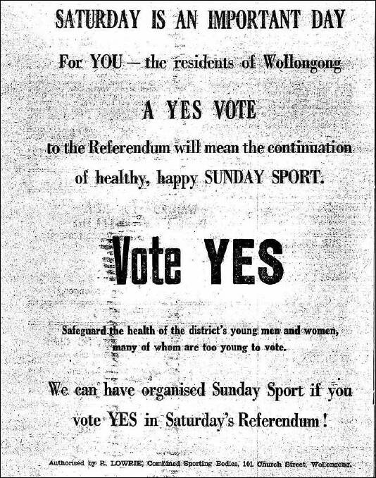 One of the ads that were placed in the Mercury during the 1950 referendum campaign on Sunday sport.