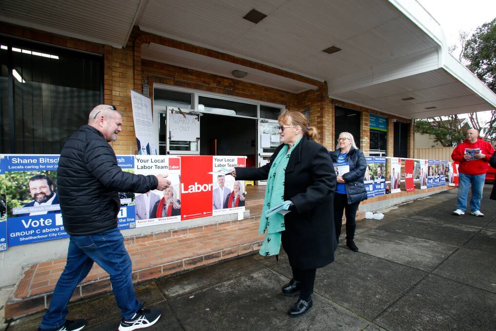 Former Shellharbour mayor Marianne Saliba - who has since been ousted from the Labor party - outside the Ward A pre-poll station at Centenary Hall. Picture: Anna Warr