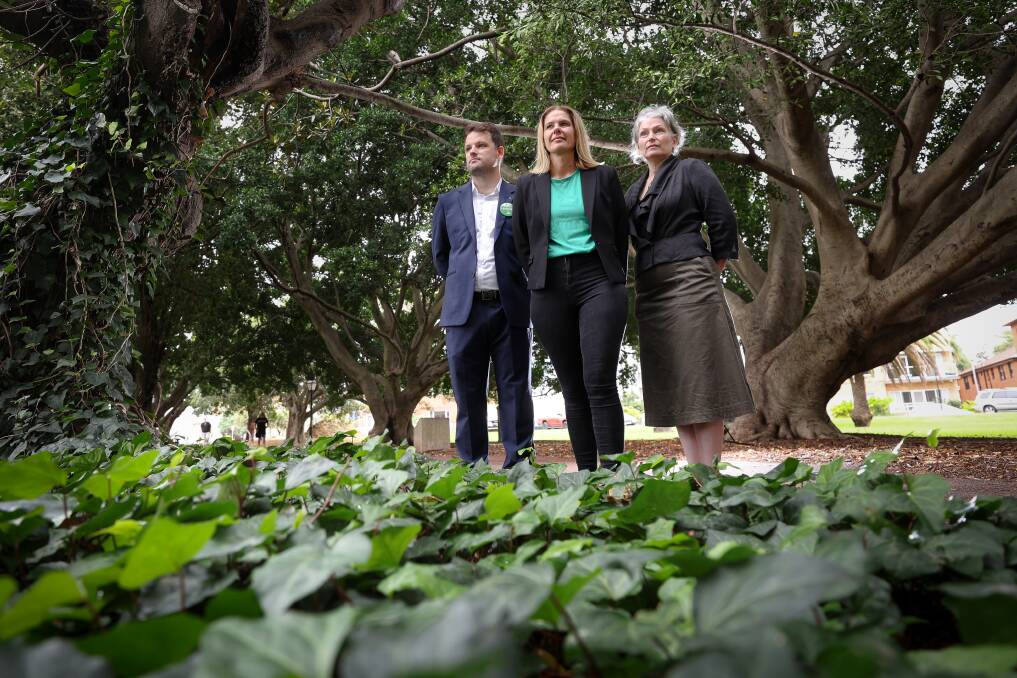 The Greens' candidates for the September Wollongong City Council election - Kit Docker, Jess Whittaker and Deirdre Stuart. Picture by Adam McLean