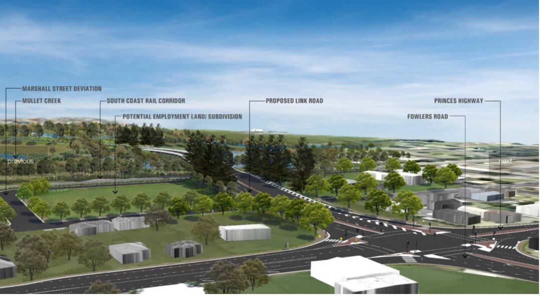 A Wollongong City Council image of the Fowlers Road-Princes Highway intersection, showing the proposed left-turn lane into Fowlers Road at bottom right. Picture: Wollongong City Council