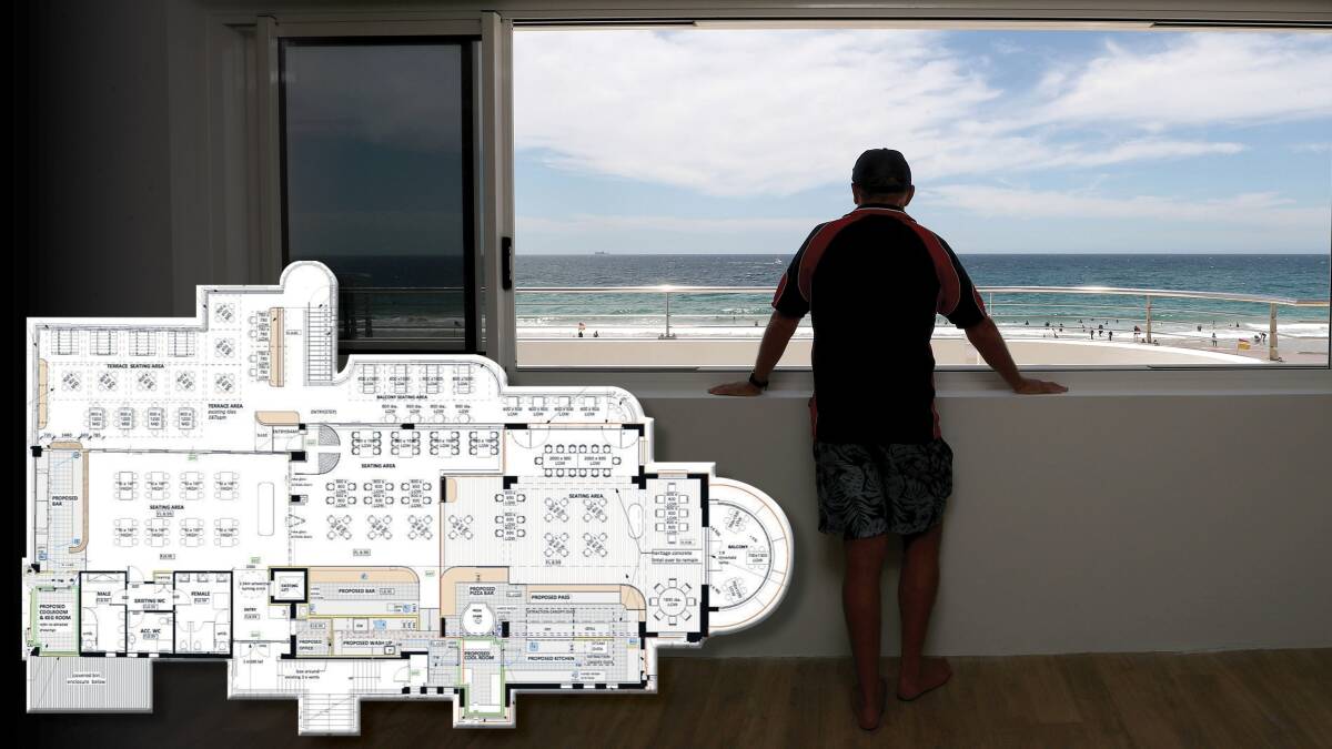 Plans for the fitout of a restaurant (inset) at North Wollongong Surf Club - with views of the water - have been lodged with Wollongong City Council. Picture by Robert Peet