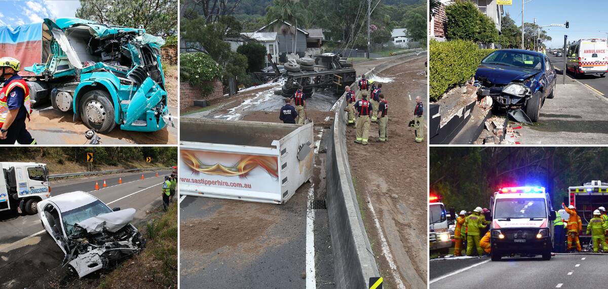 Crash: Scenes of crashes across the region (clockwise from bottom left) Picton Road, Mt Ousley, Bulli Pass, Windang Road and Gerroa Road. Pictures: Illawarra Mercury