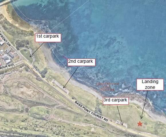 A map of the Shallows Coastal Reserve at Shell Cove showing the location of an approved landing site for skydivers.