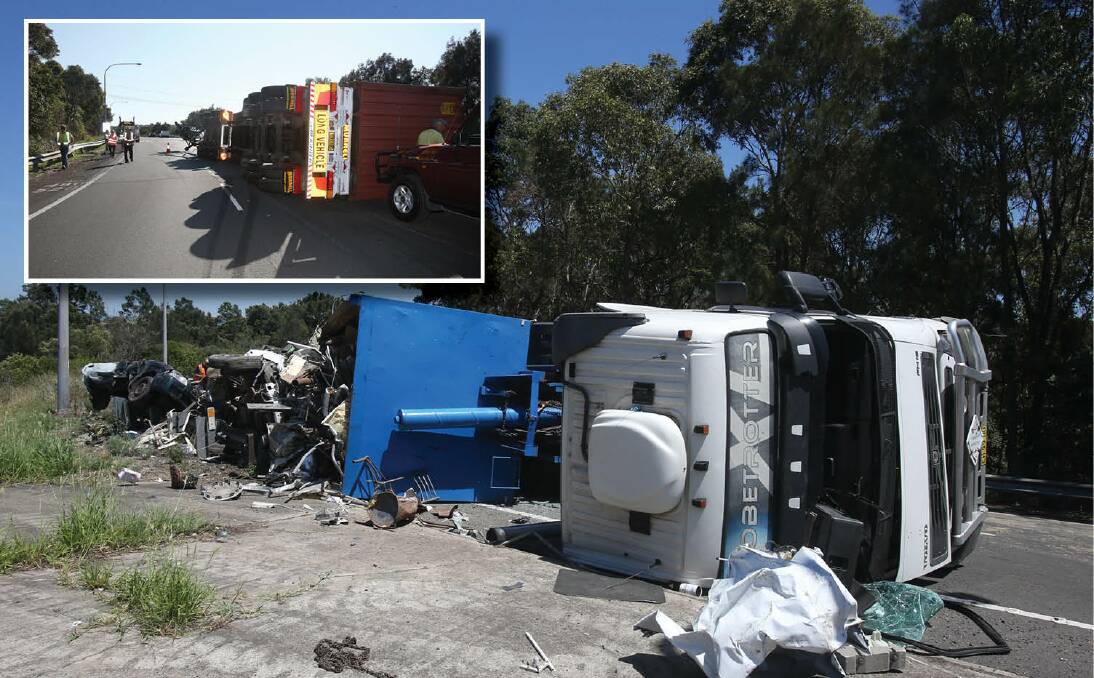 The tight curve of the M1 Princes Motorway on ramp at Five Islands Road claimed a truck on Wednesday. It did the same in 2015 (inset).
