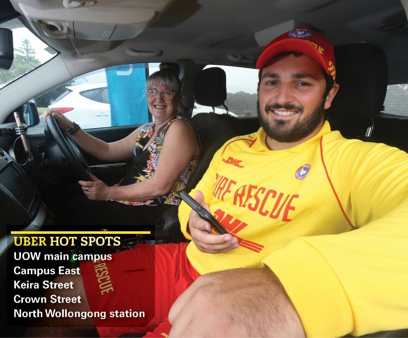 Driver Nadina Avis takes passenger Matthew Theris on the first official Uber trip in the Illawarra just over a week ago. The rideshare service is already proving popular with university students. Picture: Robert Peet