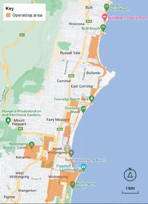 The operating area for the e-scooter trial includes areas of the Wollongong CBD, the streets around the University of Wollongong and the coastal shared pathways.