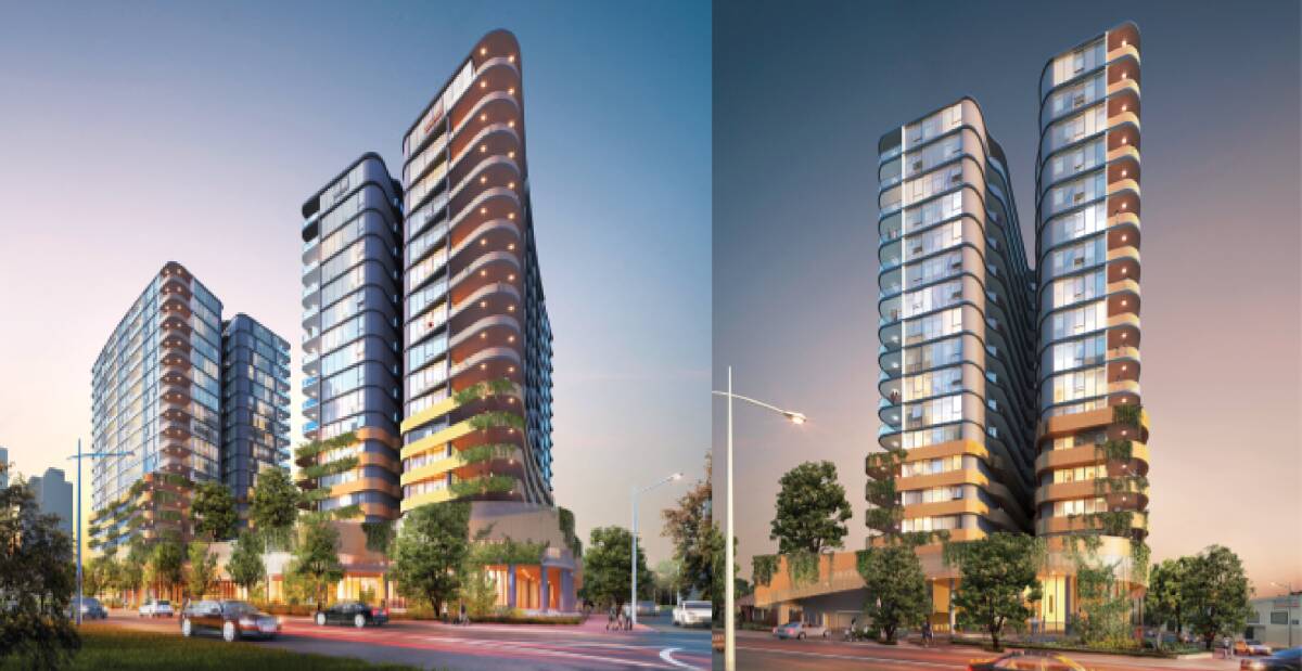 Towers: Two views of the proposeed two 17-storey apartment blocks that could appear in Ellen Street south of the Wollongong CBD. Picture: supplied