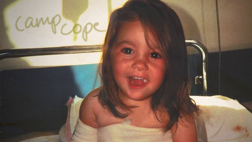 Part of the Camp Cope album cover that features singer-guitarist Georgia Maq as a toddler after a run-in with a broken vase.