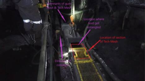 In limited light a miner at Appin stepped off the yellow metal guard of the scraper conveyor and placed his right foot into the uncovered space. Picture: Resources Regulator