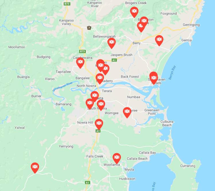 The locations of the numerous road closures in the Shoalhaven and South Coast, from the Shoalhaven City Council website.