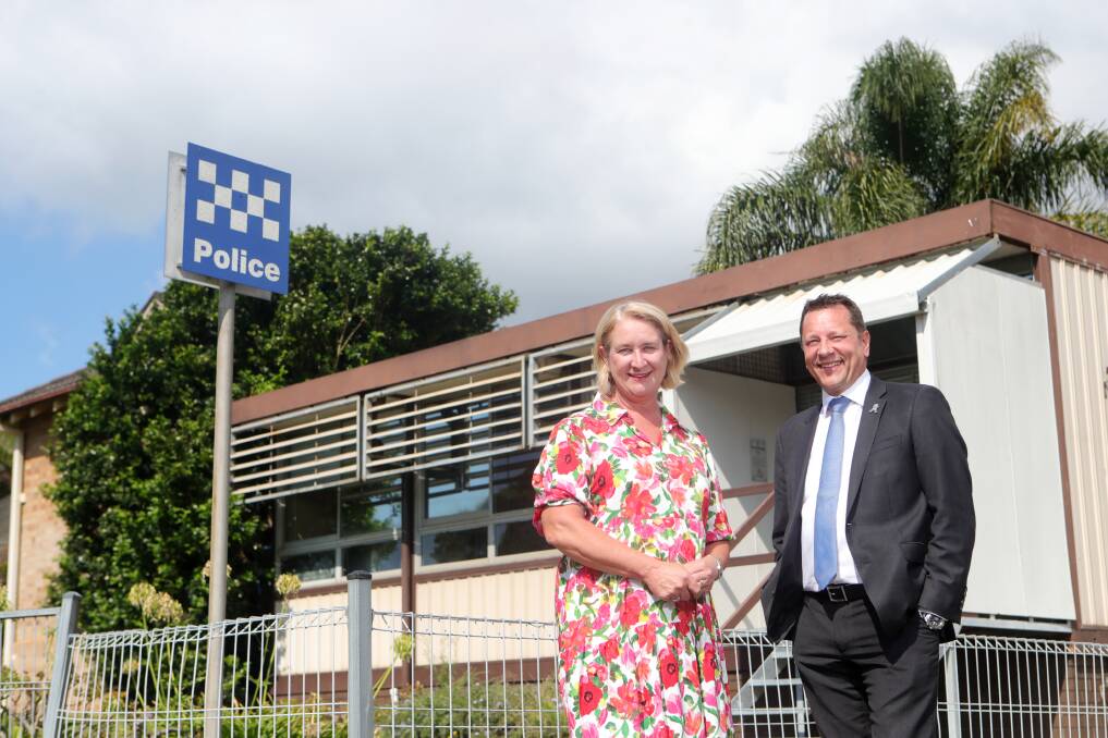 Labor's Heathcote candidate Maryanne Stuart and Police spokesman Paul Scully outside Helensburgh police station, the subject of one more funding promise. Picture by Sylvia Liber