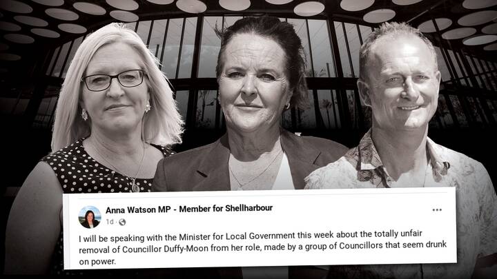 Shellharbour MP Anna Watson (centre)has taken to Facebook to criticise council's mayor Chris Homer (right) and deputy mayor Kellie Marsh (left) as being "drunk on power".
