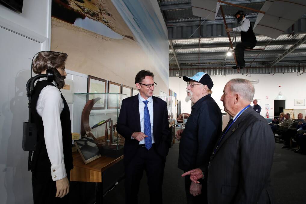 Whitlam MP Stephen Jones and Bob Black, who curated the new Lawrence Hargrave exhibition at the Historical Aircraft Restoration Society at Shellharbour Airport. Picture by Sylvia Liber
