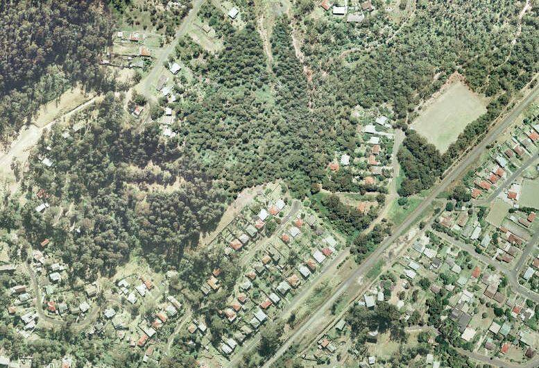 A view of Austinmer from the air in 1977 - while there are plenty of trees there is still grassland visible and space between them and houses.