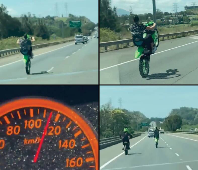 Stupid: Several stills from a video showing a trail bike rider travelling on one wheel for at least a kilometre along the Princes Motorway. The speedometer of the car in the next lane shows how fast he was going. Pictures: supplied