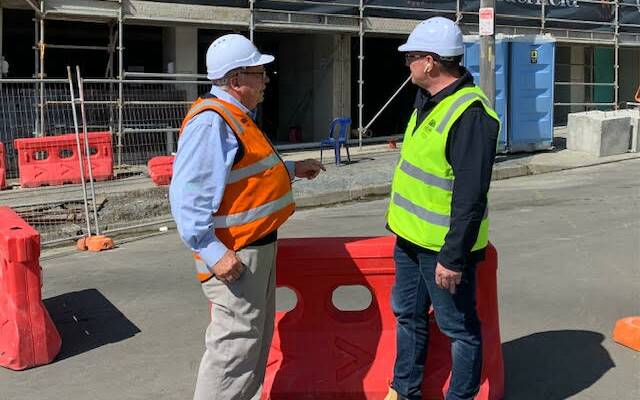 NSW Building Commissioner David Chandler (left) during an inspection at the Wonder Apartments site in Young Street.