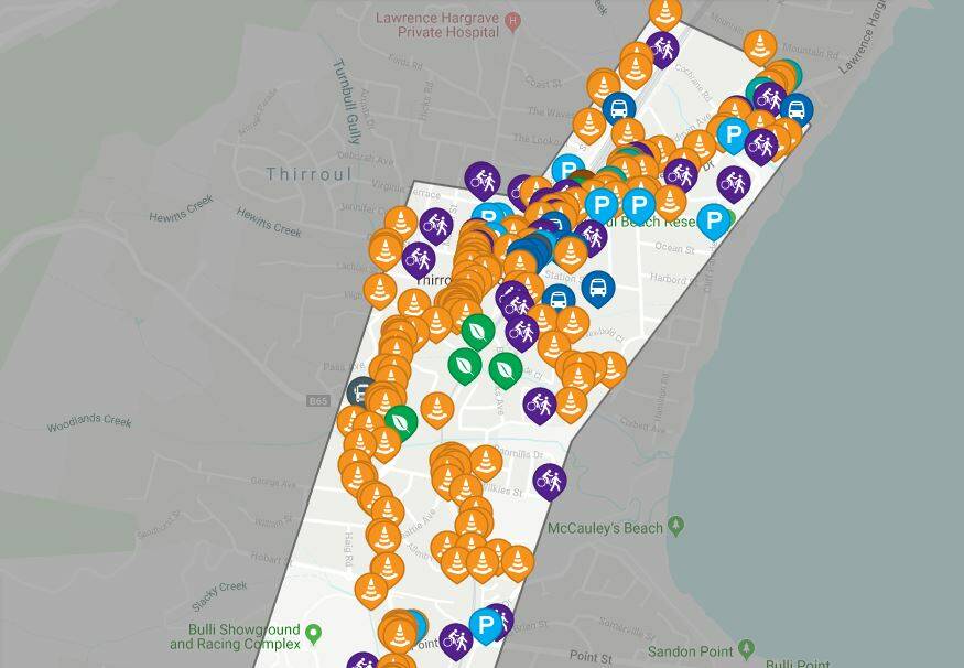 Thirroul has a lot of traffic problems, judging by the number of pins placed by residents on a Roads and Maritime Services online map calling for public feedback.