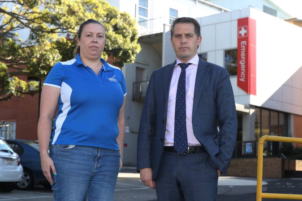 Bed block: Paramedic and Health Services Union delegate Tess Oxley with Keira MP Ryan Park outside Wollongong Hospital. Picture: Robert Peet