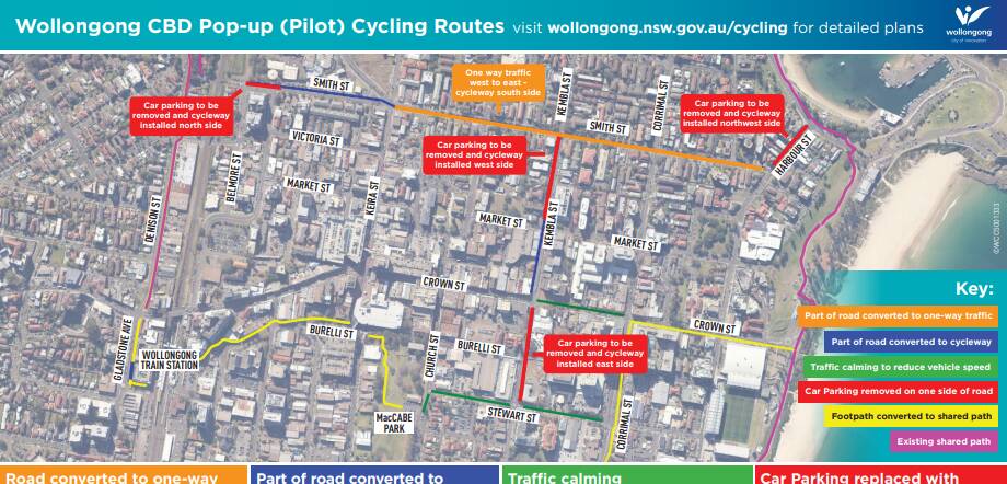 Plans: A Wollongong City Council map showing the routes of several pop-up cycleways in the CBD, which will see the loss of free on-street parking. Picture: supplied