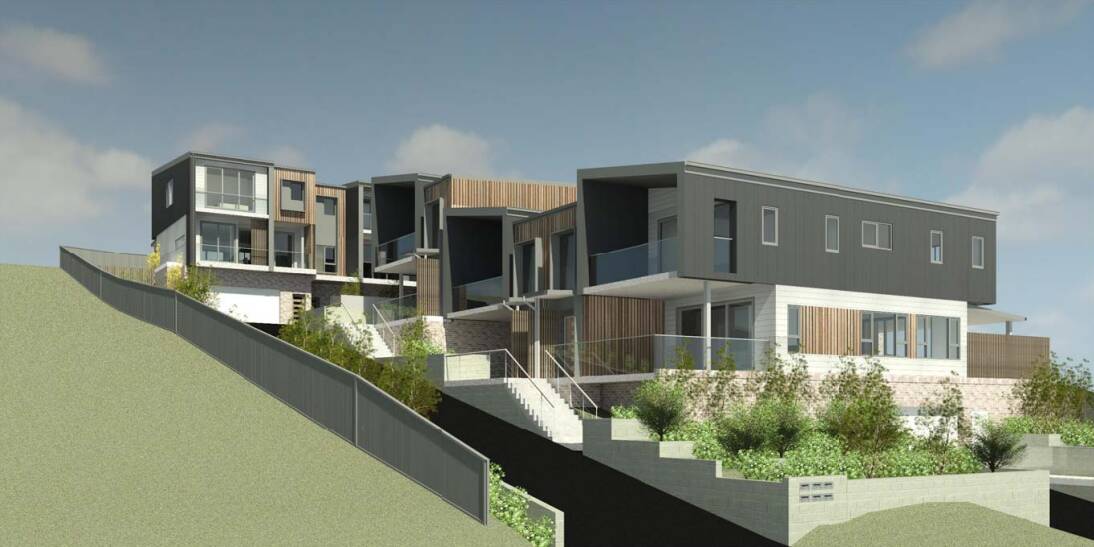 Two-storey: An artist's impression of the six townhouses proposed for two suburban blocks in Figtree. Picture: PRD Architects