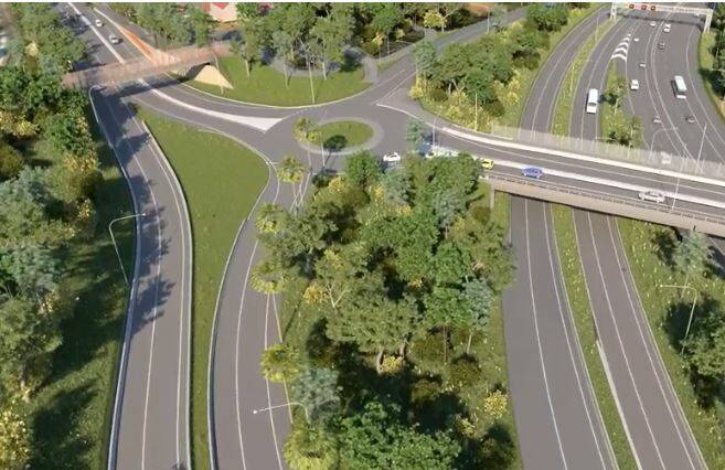 Under changes to the Mt Ousley interchange, the heavy vehicle off ramp seen at the left will now join the eastern roundabout. The change is aimed at reducing the speeds of heavy vehicles leaving the motorway and travelling along Mt Ousley Road.