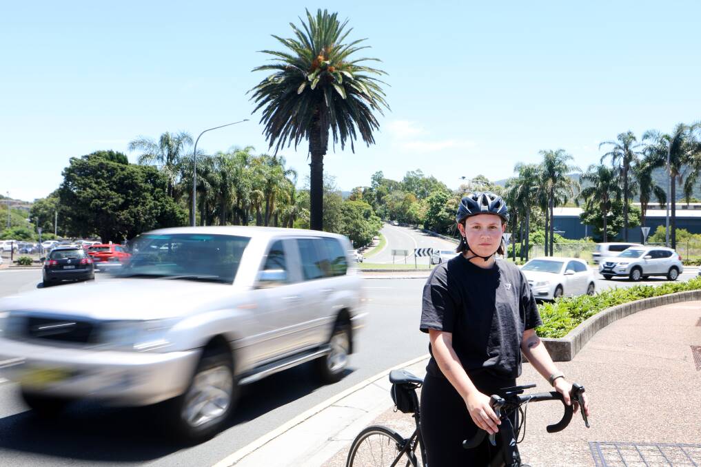 North Wollongong cyclist Bronte Scott finds riding through the Throsby Drive roundabout "stressful". It's one of the city's problem areas cyclists have identified on a crowd-sourced map. Picture by Sylvia Liber