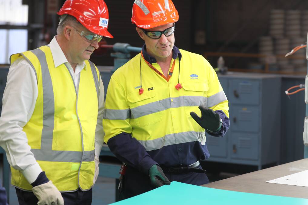 Visit: Labor leader Anthony Albanese on a tour of BlueScope's Springhill plant on Tuesday morning. Picture: supplied