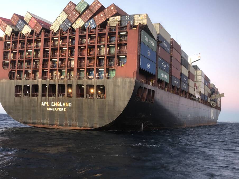 Mess: The tipped-over containers on board the APL England, which lost other containers overboard off the Illawarra coast on Sunday. Picture: supplied.