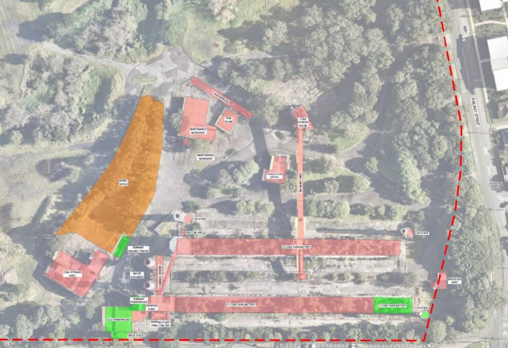 A map showing the planned demolition of structures within the Corrimal Coke Works. Buildings shown in green will be retained.