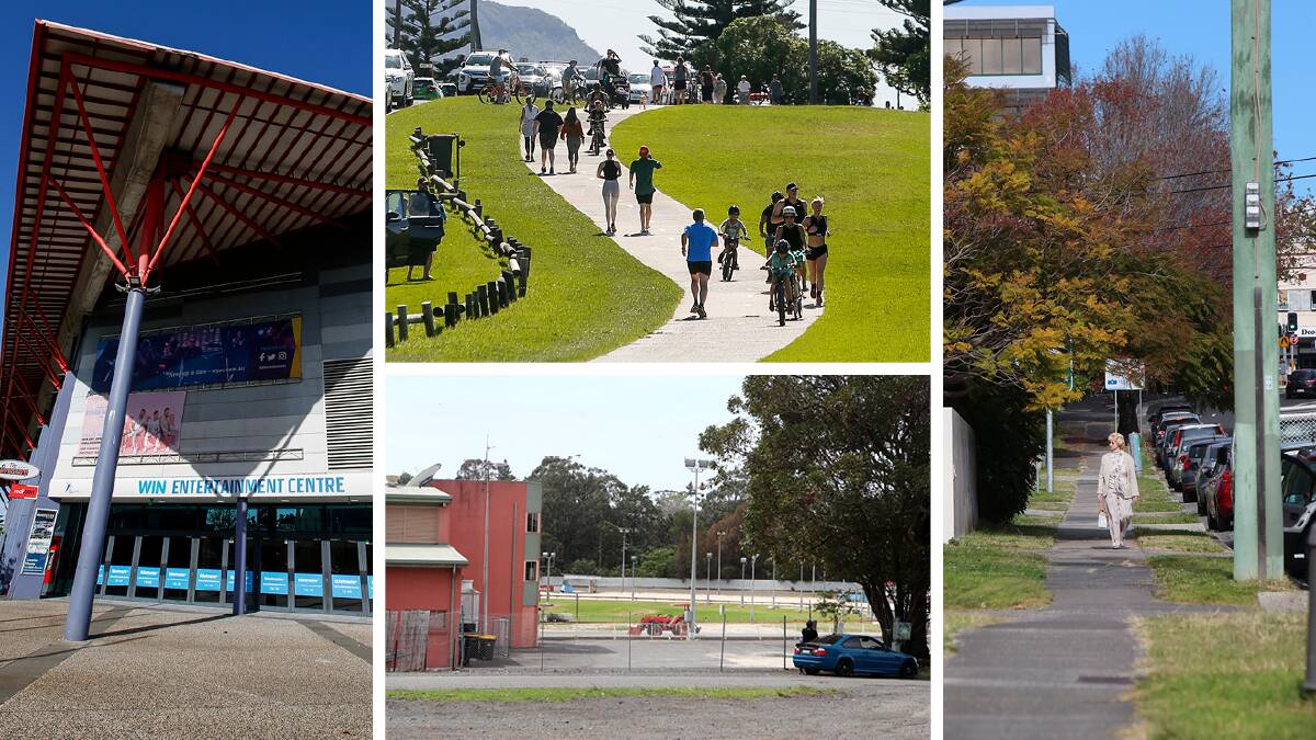 Projects that could have done with fast-tracking include (clockwise from left) the WIN Entertainment Centre, the city's cycleways and footpaths and the Bulli Showground.