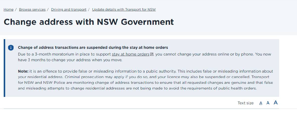 The warning on the Service NSW website