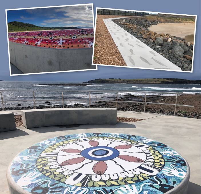 Storytime: Aboriginal art telling the story of the local community adorns a new seawall on the coast of Port Kembla. Pictures: supplied