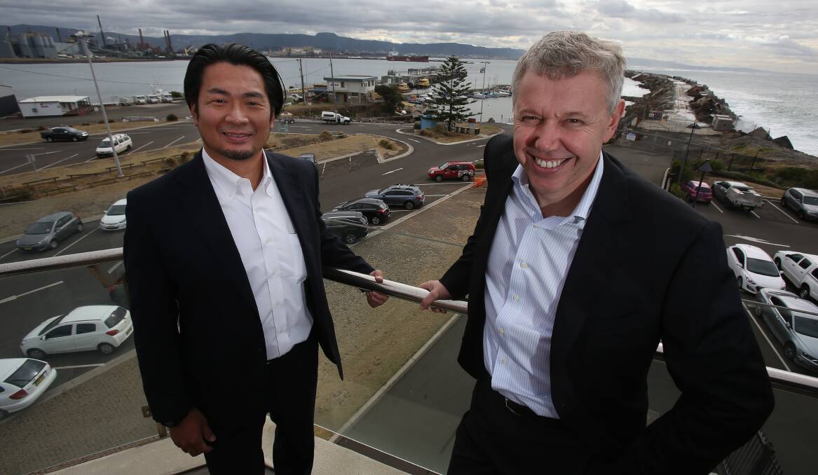 Deal: JERA senior manager Ken Ohyama and former Australian Industrial Energy CEO James Baulderstone at the June 2018 announcement of the Port Kembla Gas Terminal. Picture: Robert Peet