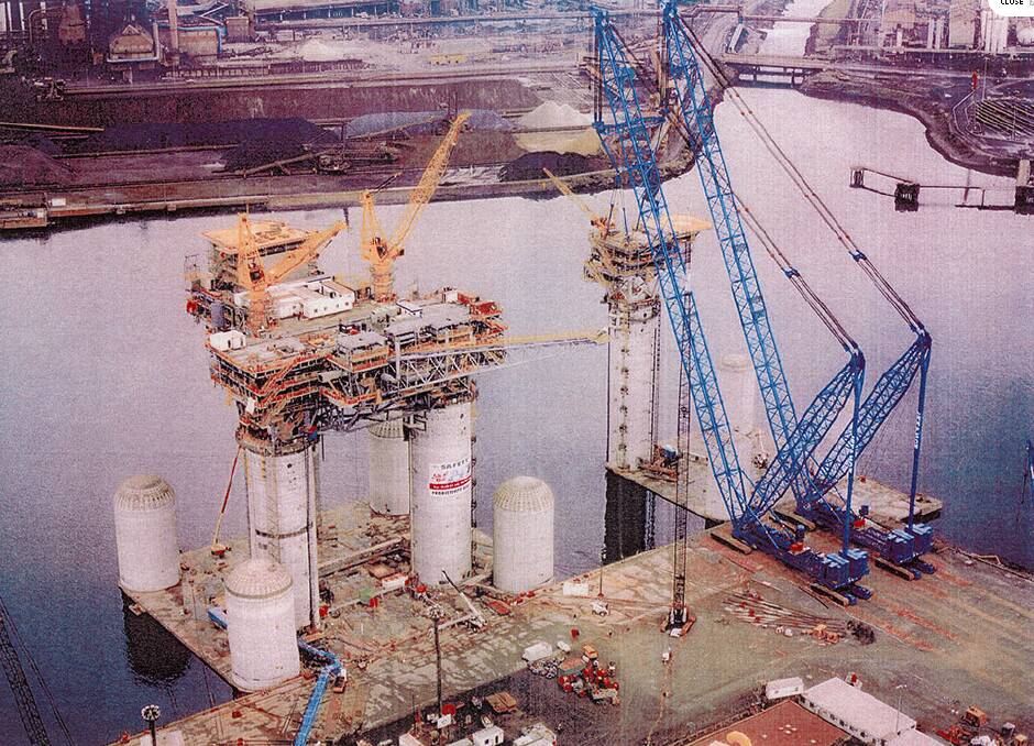 The West Tuna and Bream B oil rigs under construction at Port Kembla. The project was swamped with job applications even before any positions were advertised.